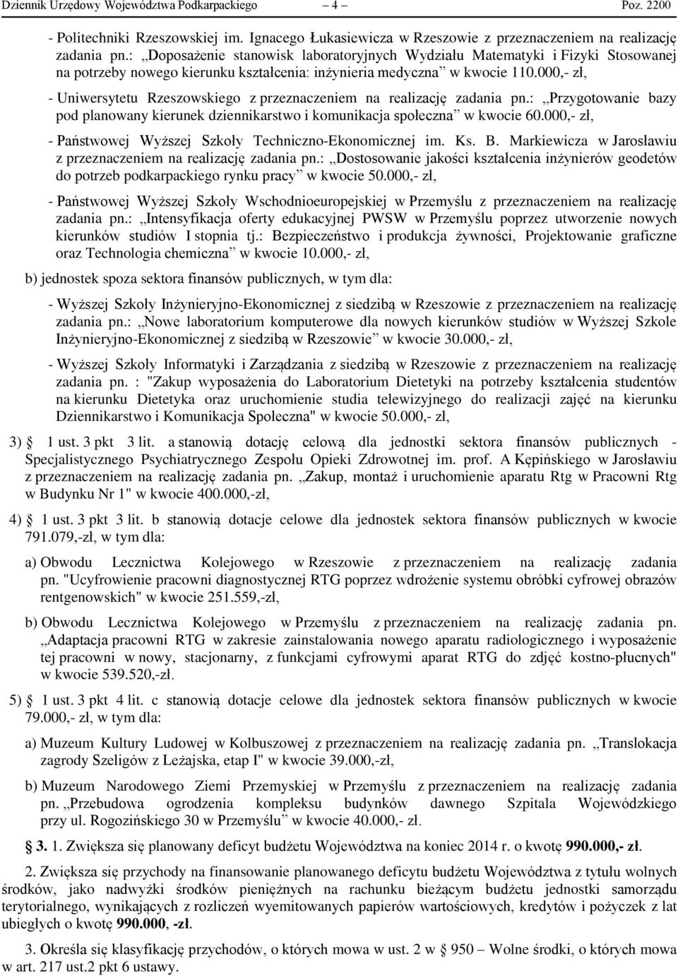 000,- zł, - Uniwersytetu Rzeszowskiego z przeznaczeniem na realizację zadania pn.: Przygotowanie bazy pod planowany kierunek dziennikarstwo i komunikacja społeczna w kwocie 60.