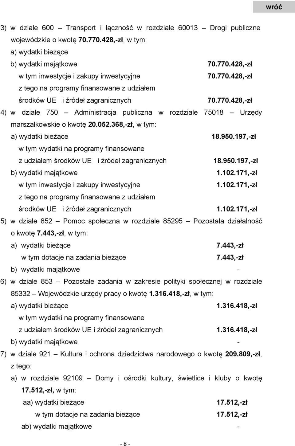 368,-zł, w tym: a) wydatki bieżące 18.950.197,-zł w tym wydatki na programy finansowane z udziałem środków UE i źródeł zagranicznych 18.950.197,-zł b) wydatki majątkowe 1.102.