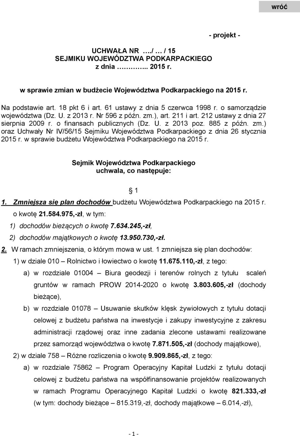 885 z późn. zm.) oraz Uchwały Nr IV/56/15 Sejmiku Województwa Podkarpackiego z dnia 26 stycznia 2015 r. w sprawie budżetu Województwa Podkarpackiego na 2015 r.