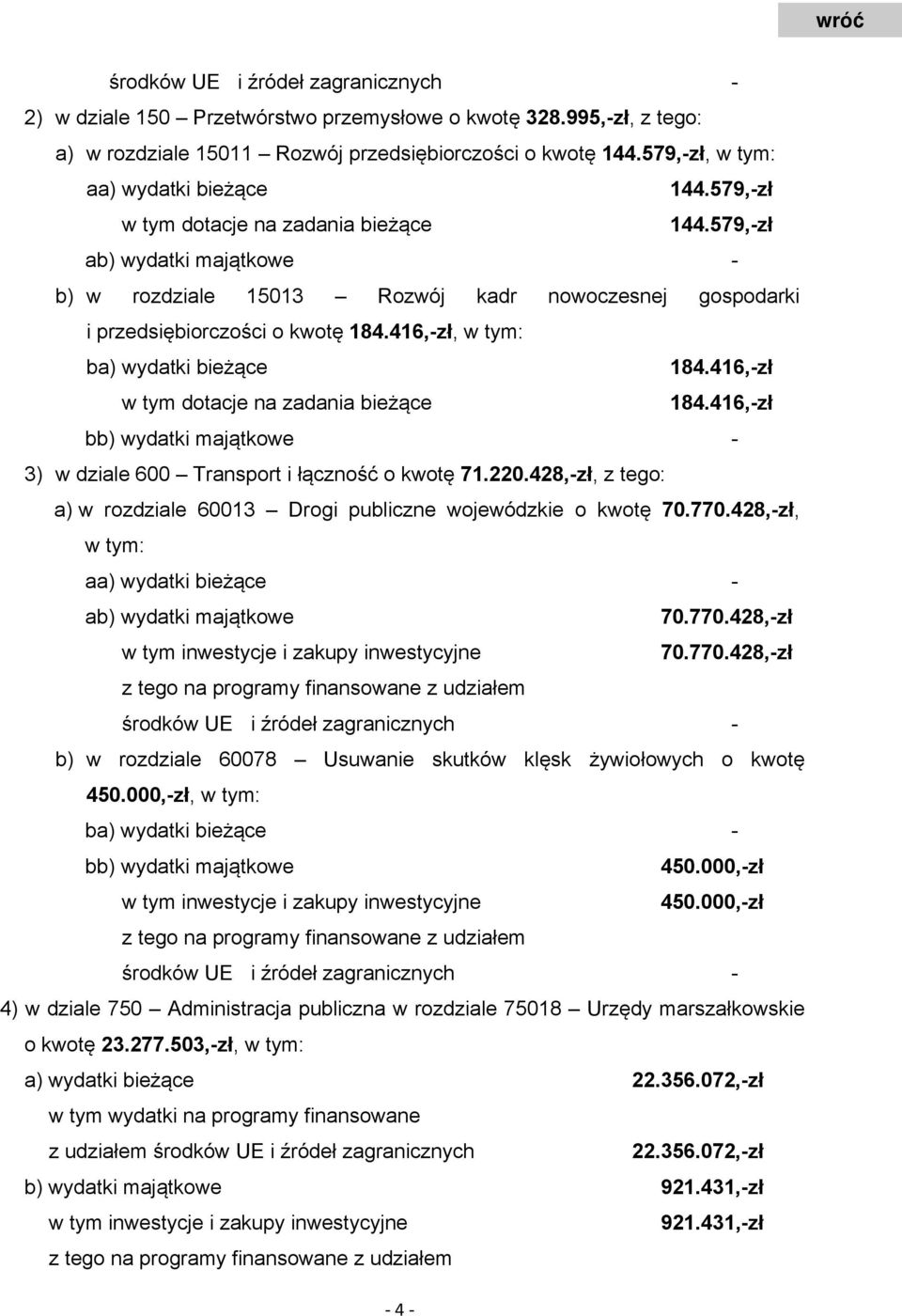 579,-zł ab) wydatki majątkowe - b) w rozdziale 15013 Rozwój kadr nowoczesnej gospodarki i przedsiębiorczości o kwotę 184.416,-zł, w tym: ba) wydatki bieżące 184.