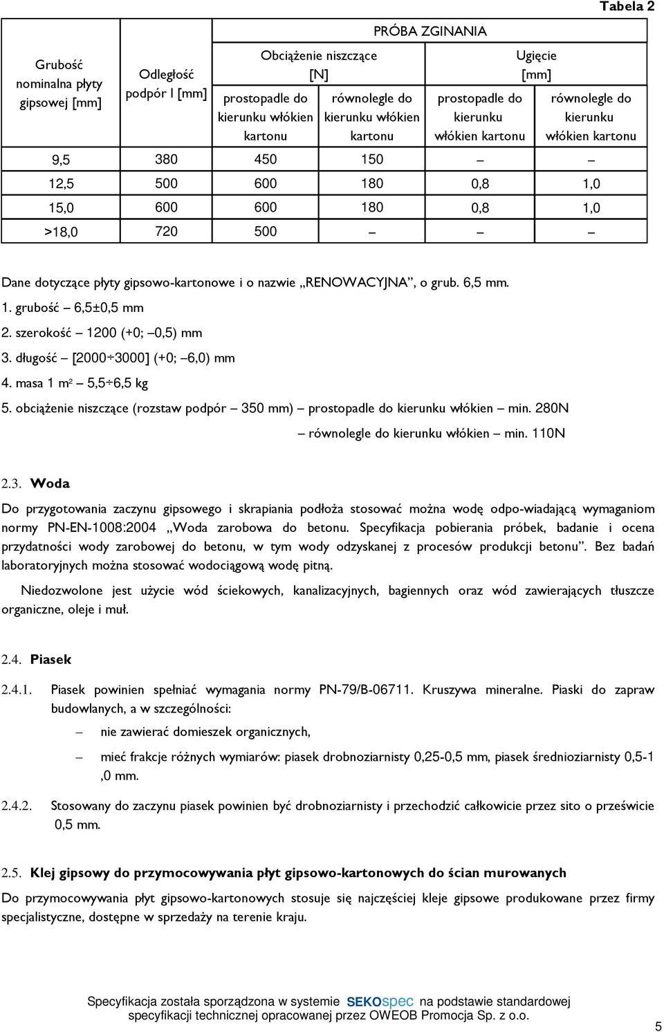 gipsowo-kartonowe i o nazwie RENOWACYJNA, o grub. 6,5 mm. 1. grubość 6,5±0,5 mm 2. szerokość 1200 (+0; 0,5) mm 3. długość [2000 3000] (+0; 6,0) mm 4. masa 1 m 2 5,5 6,5 kg 5.