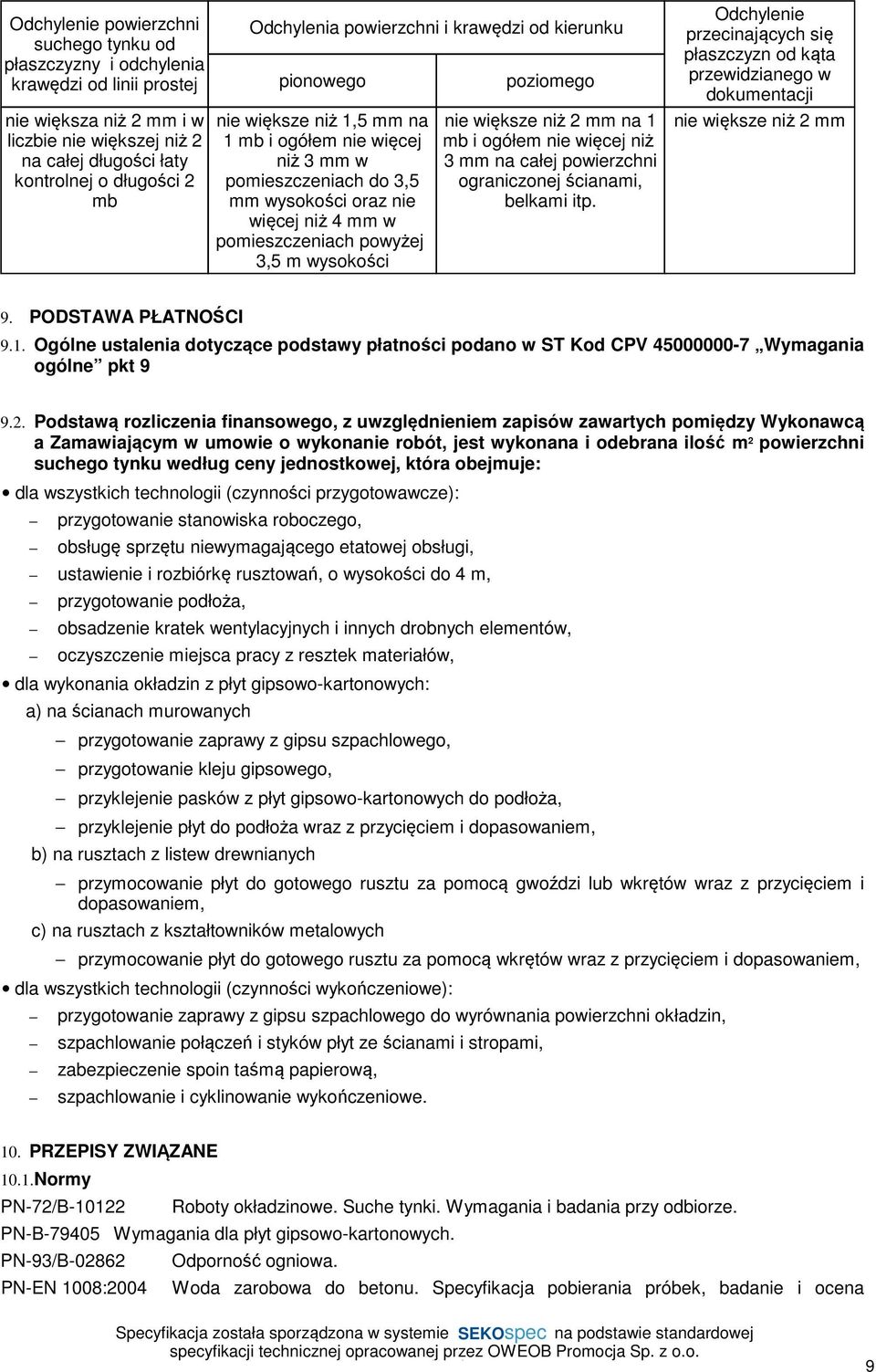 powyżej 3,5 m wysokości poziomego nie większe niż 2 mm na 1 mb i ogółem nie więcej niż 3 mm na całej powierzchni ograniczonej ścianami, belkami itp.