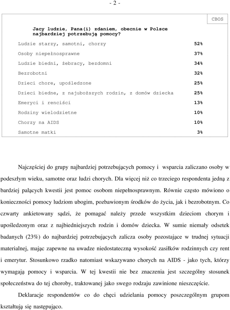 25% Emeryci i renciści 13% Rodziny wielodzietne 10% Chorzy na AIDS 10% Samotne matki 3% Najczęściej do grupy najbardziej potrzebujących pomocy i wsparcia zaliczano osoby w podeszłym wieku, samotne