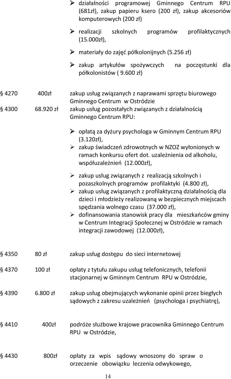 600 zł) na poczęstunki dla 4270 400zł zakup usług związanych z naprawami sprzętu biurowego Gminnego Centrum w Ostródzie 4300 68.