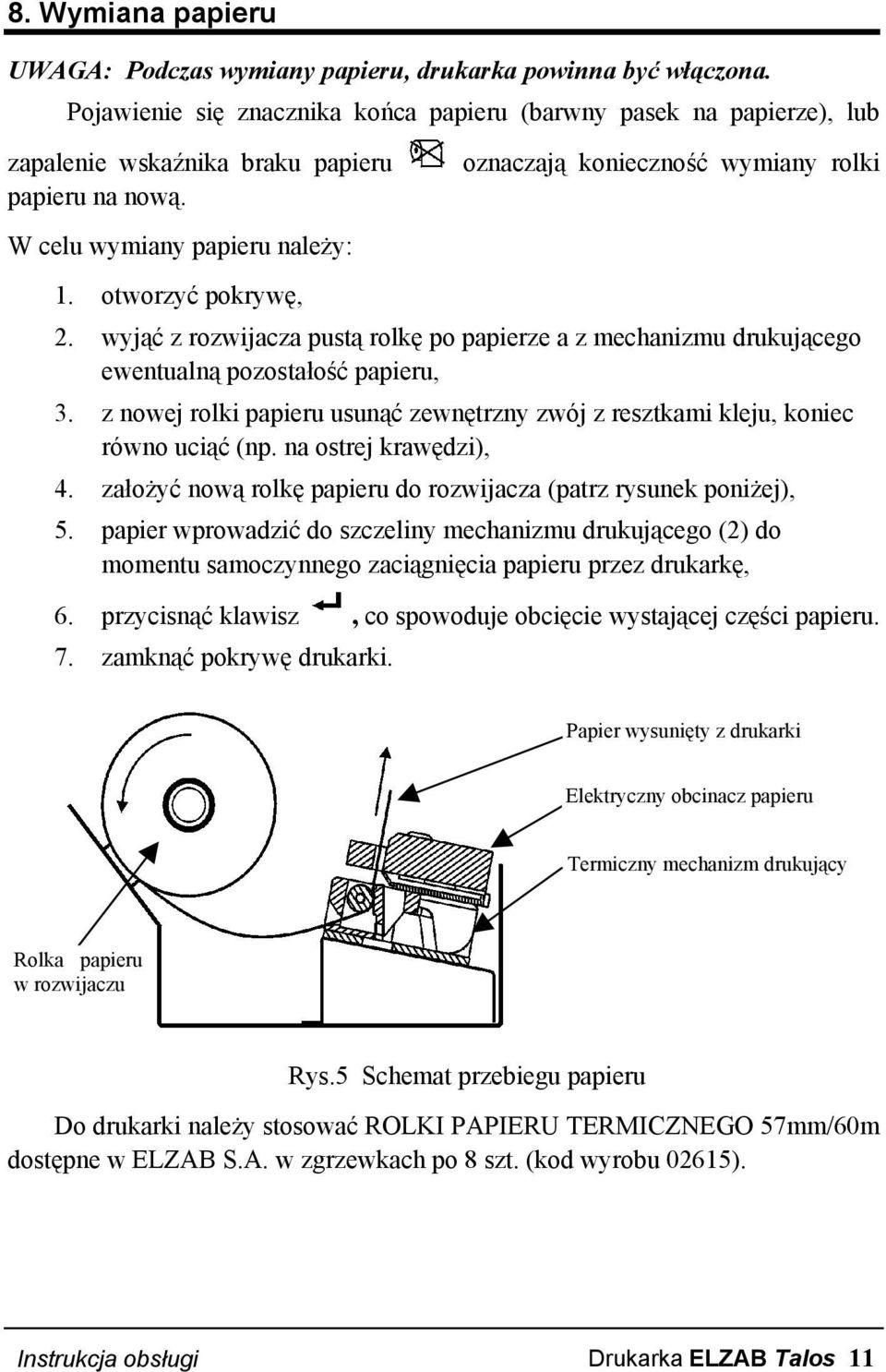 otworzyć pokrywę, oznaczają konieczność wymiany rolki 2. wyjąć z rozwijacza pustą rolkę po papierze a z mechanizmu drukującego ewentualną pozostałość papieru, 3.