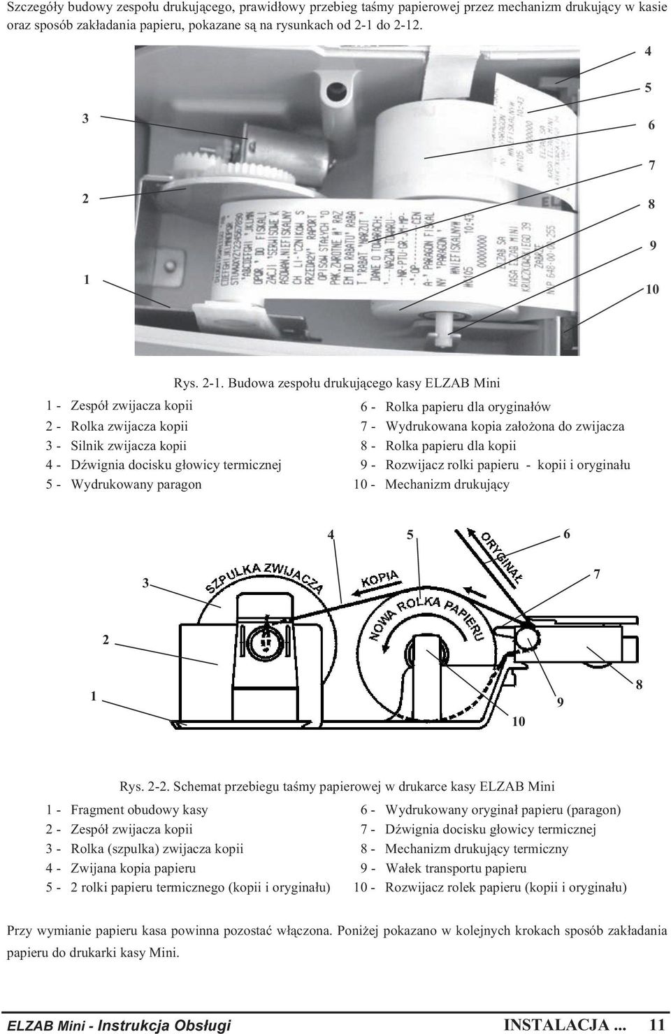 Budowa zespo u drukuj cego kasy ELZAB Mini 1 - Zespó zwijacza kopii 6 - Rolka papieru dla orygina ów 2 - Rolka zwijacza kopii 7 - Wydrukowana kopia za o ona do zwijacza 3 - Silnik zwijacza kopii 8 -