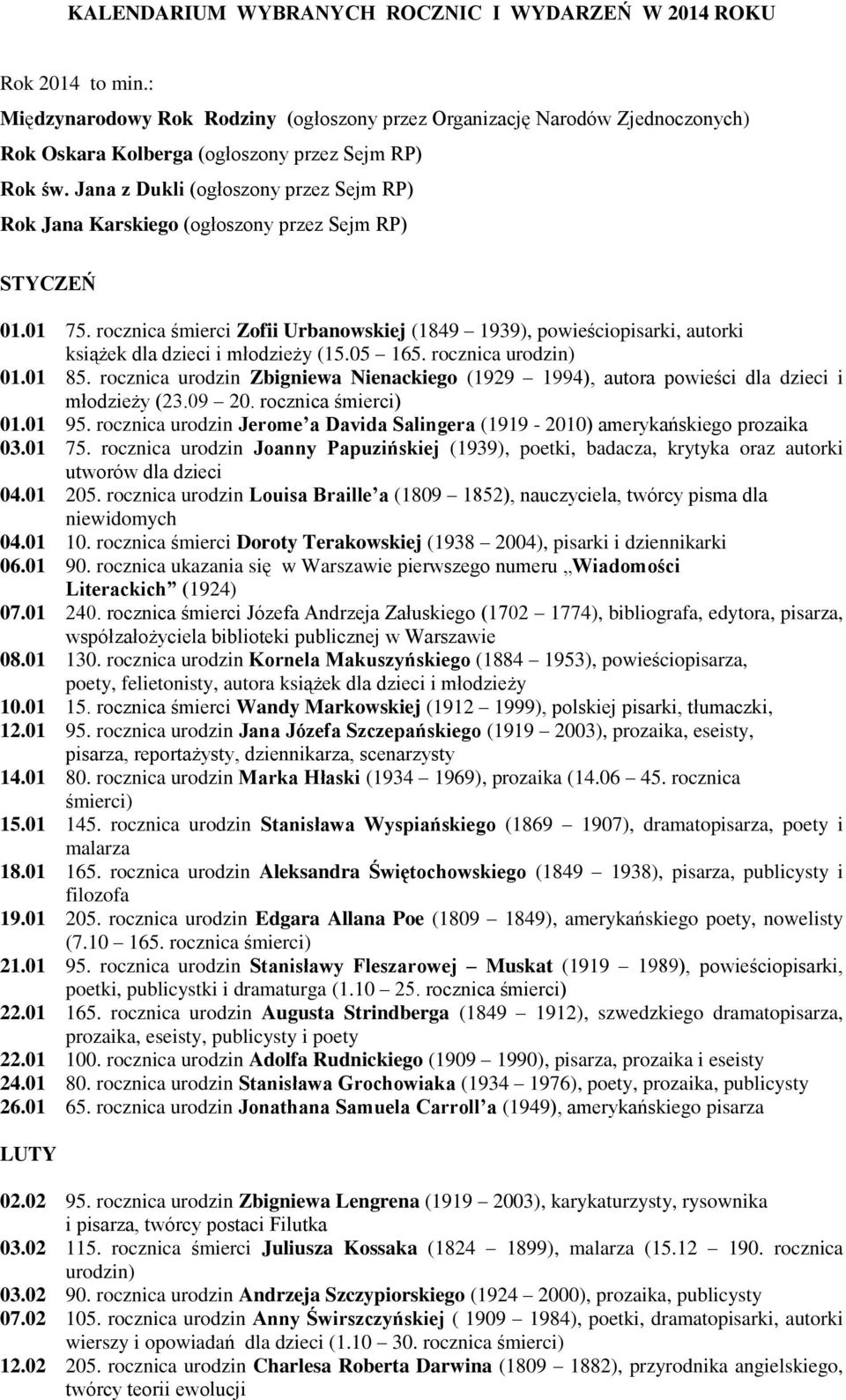 Jana z Dukli (ogłoszony przez Sejm RP) Rok Jana Karskiego (ogłoszony przez Sejm RP) STYCZEŃ 01.01 75.