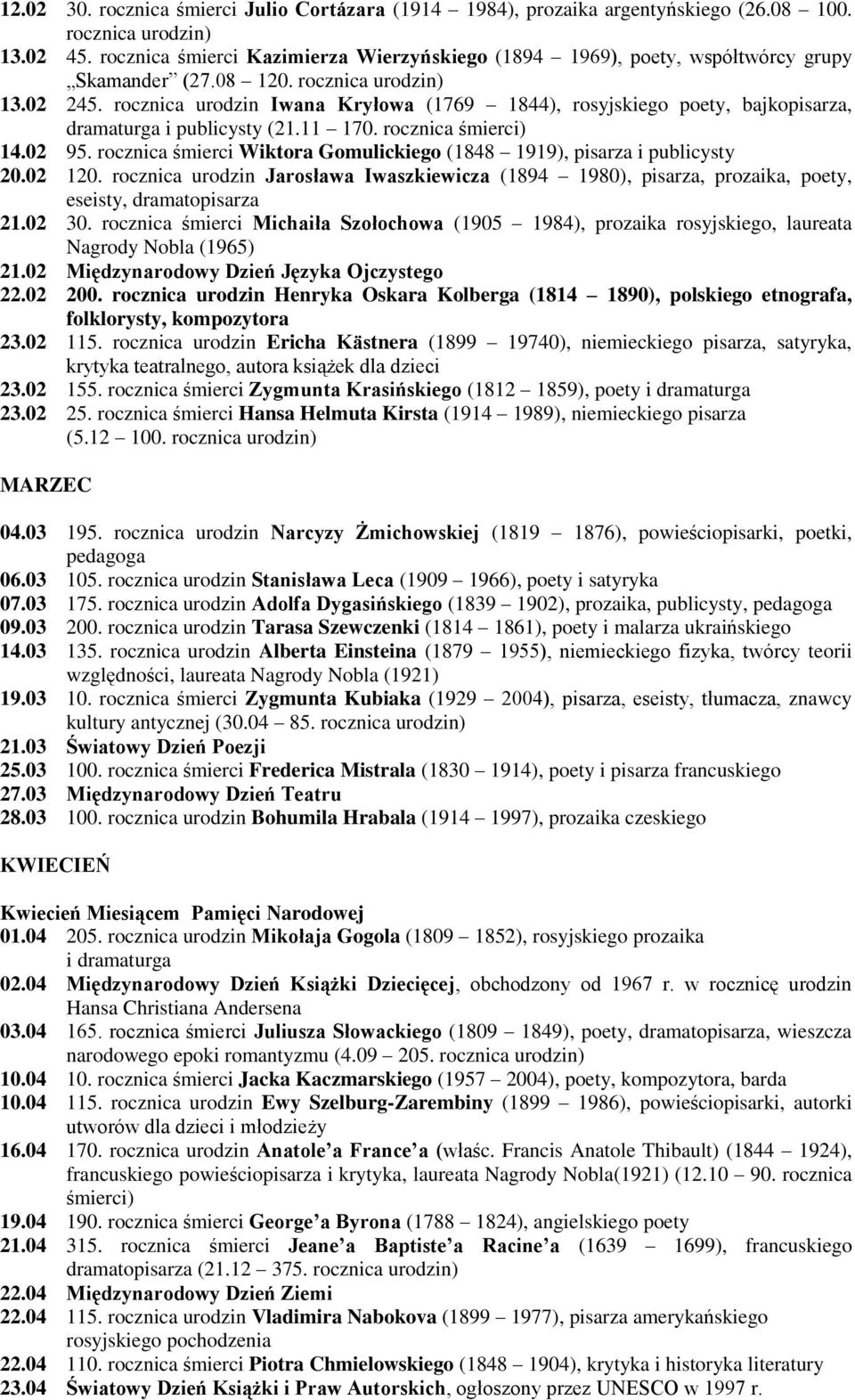 rocznica urodzin Iwana Kryłowa (1769 1844), rosyjskiego poety, bajkopisarza, dramaturga i publicysty (21.11 170. rocznica śmierci) 14.02 95.