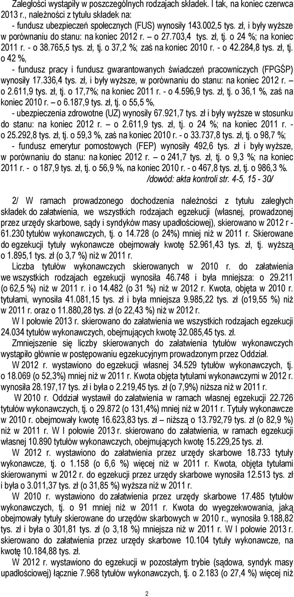 336,4 tys. zł, i były wyższe, w porównaniu do stanu: na koniec 2012 r. o 2.611,9 tys. zł, tj. o 17,7%; na koniec 2011 r. - o 4.596,9 tys. zł, tj. o 36,1 %, zaś na koniec 2010 r. o 6.187,9 tys. zł, tj. o 55,5 %, - ubezpieczenia zdrowotne (UZ) wynosiły 67.