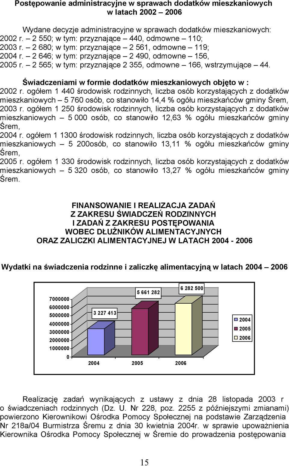 Śiadczeniami formie dodatkó mieszkanioych objęto : 2002 r. ogółem 1 440 środoisk nych, liczba korzystających z dodatkó mieszkanioych 5 760, co stanoiło 14,4 % ogółu mieszkańcó gminy Śrem, 2003 r.