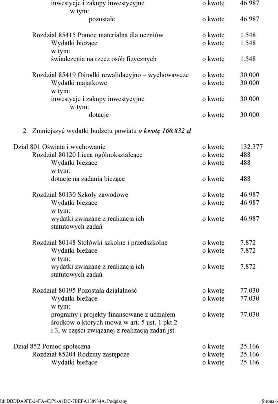 000 dotacje o kwotę 30.000 2. Zmniejszyć wydatki budżetu powiatu o kwotę 160.832 zł Dział 801 Oświata i wychowanie o kwotę 132.