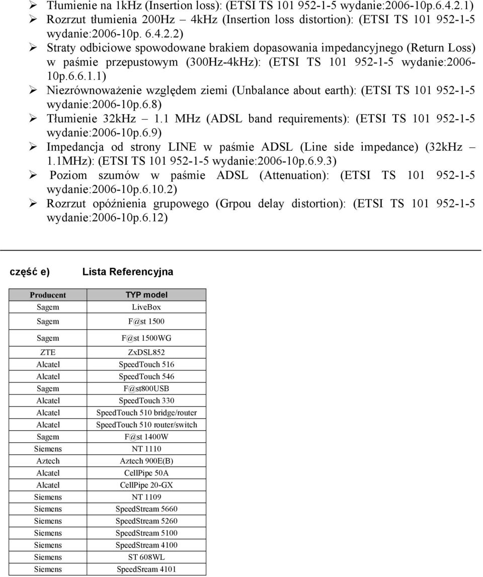 6.6.1.1) Niezrównoważenie względem ziemi (Unbalance about earth): (ETSI TS 101 952-1-5 wydanie:2006-10p.6.8) Tłumienie 32kHz 1.1 MHz (ADSL band requirements): (ETSI TS 101 952-1-5 wydanie:2006-10p.6.9) Impedancja od strony LINE w paśmie ADSL (Line side impedance) (32kHz 1.