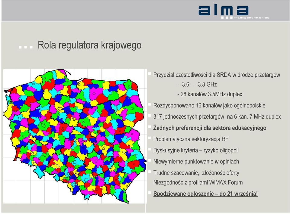 7 MHz duplex Żadnych preferencji dla sektora edukacyjnego Problematyczna sektoryzacja RF Dyskusyjne kryteria ryzyko