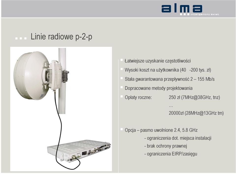 roczne: 250 zł (7MHz@38GHz, tnz) 20000zł (28MHz@13GHz tm) Opcja pasmo uwolnione 2.4, 5.