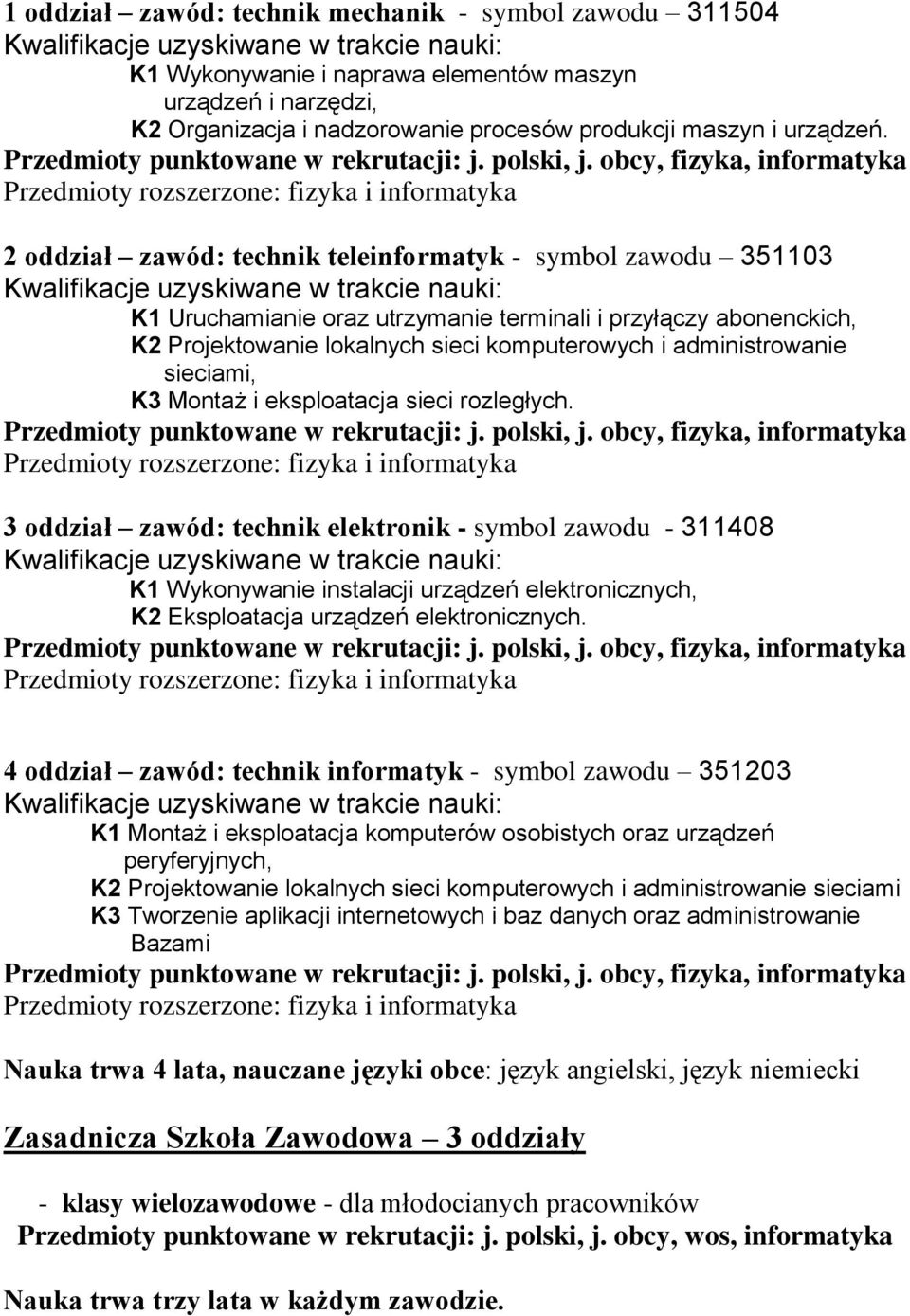 obcy, fizyka, informatyka Przedmioty rozszerzone: fizyka i informatyka 2 oddział zawód: technik teleinformatyk - symbol zawodu 351103 Kwalifikacje uzyskiwane w trakcie nauki: K1 Uruchamianie oraz