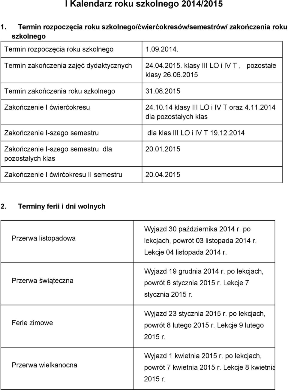 2014 dla pozostałych klas Zakończenie I szego semestru dla klas III LO i IV T 19.12.2014 Zakończenie I szego semestru dla pozostałych klas 20.01.2015 Zakończenie I ćwirćokresu II semestru 20.04.