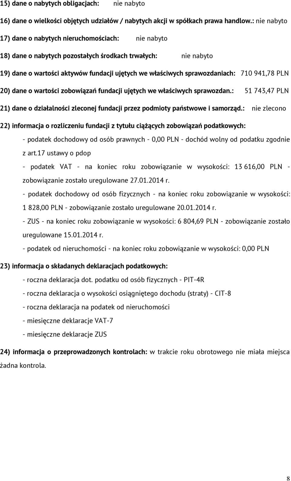 710 941,78 PLN 20) dane o wartości zobowiązań fundacji ujętych we właściwych sprawozdan.: 51 743,47 PLN 21) dane o działalności zleconej fundacji przez podmioty państwowe i samorząd.