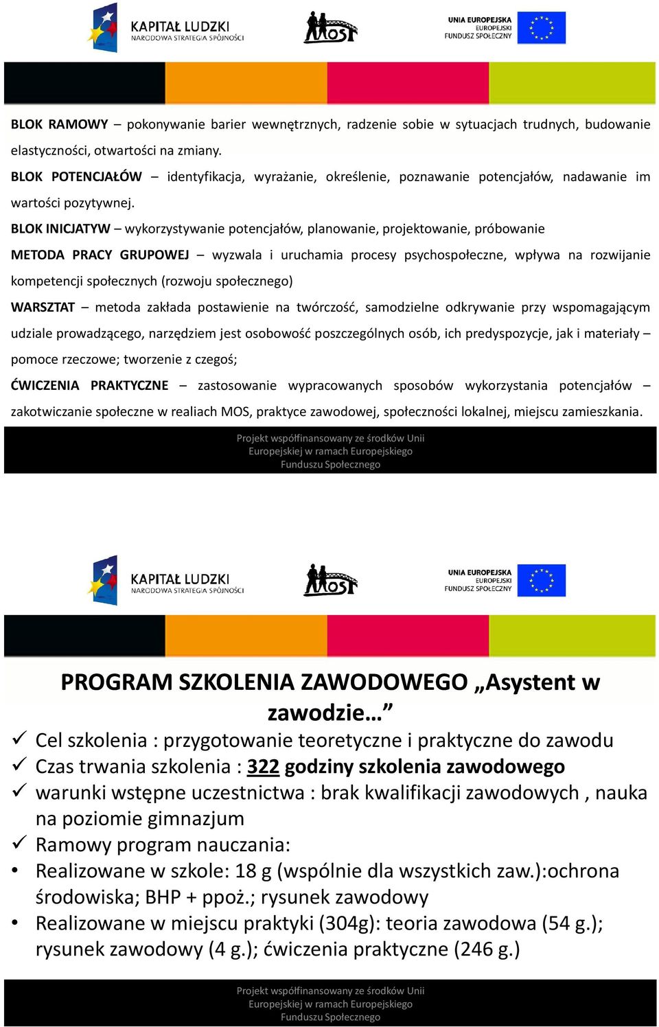 BLOK INICJATYW wykorzystywanie potencjałów, planowanie, projektowanie, próbowanie METODA PRACY GRUPOWEJ wyzwala i uruchamia procesy psychospołeczne, wpływa na rozwijanie kompetencji