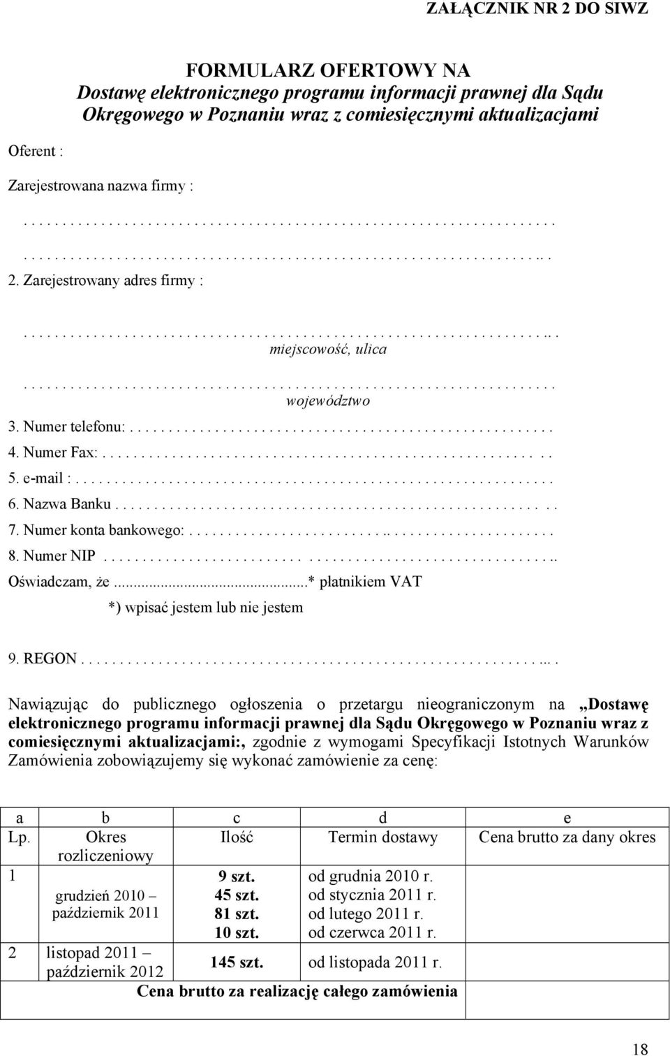 .................................................................... województwo 3. Numer telefonu:....................................................... 4. Numer Fax:.......................................................... 5.