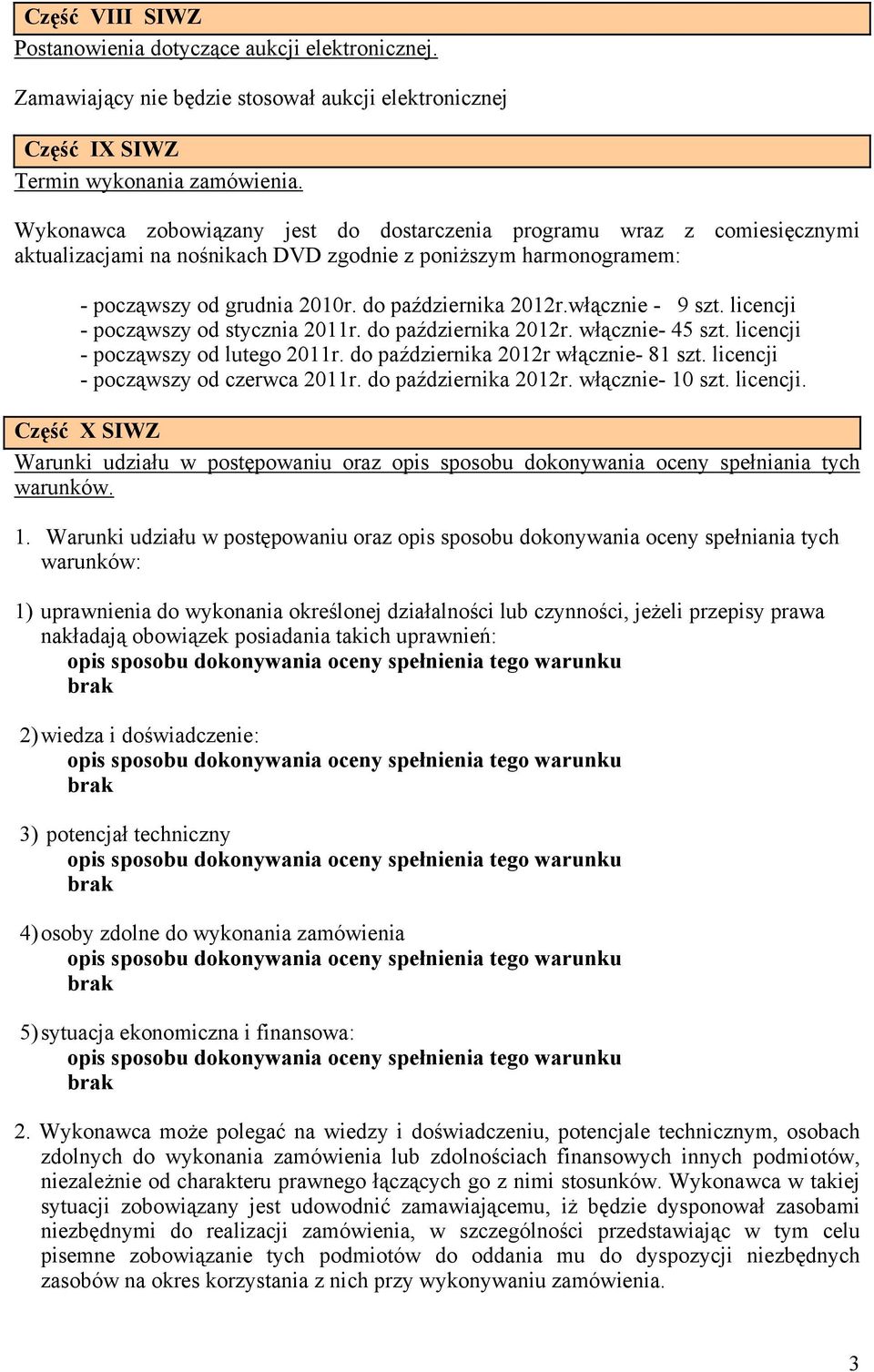 włącznie - 9 szt. licencji - począwszy od stycznia 2011r. do października 2012r. włącznie- 45 szt. licencji - począwszy od lutego 2011r. do października 2012r włącznie- 81 szt.