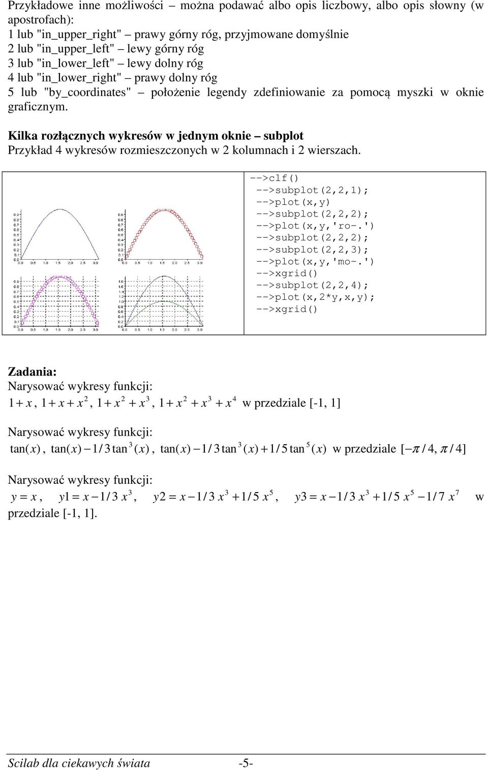 Kilka rozłącznych wykresów w jednym oknie subplot Przykład 4 wykresów rozmieszczonych w 2 kolumnach i 2 wierszach. -->clf() -->subplot(2,2,1); -->plot(x,y) -->subplot(2,2,2); -->plot(x,y,'ro-.