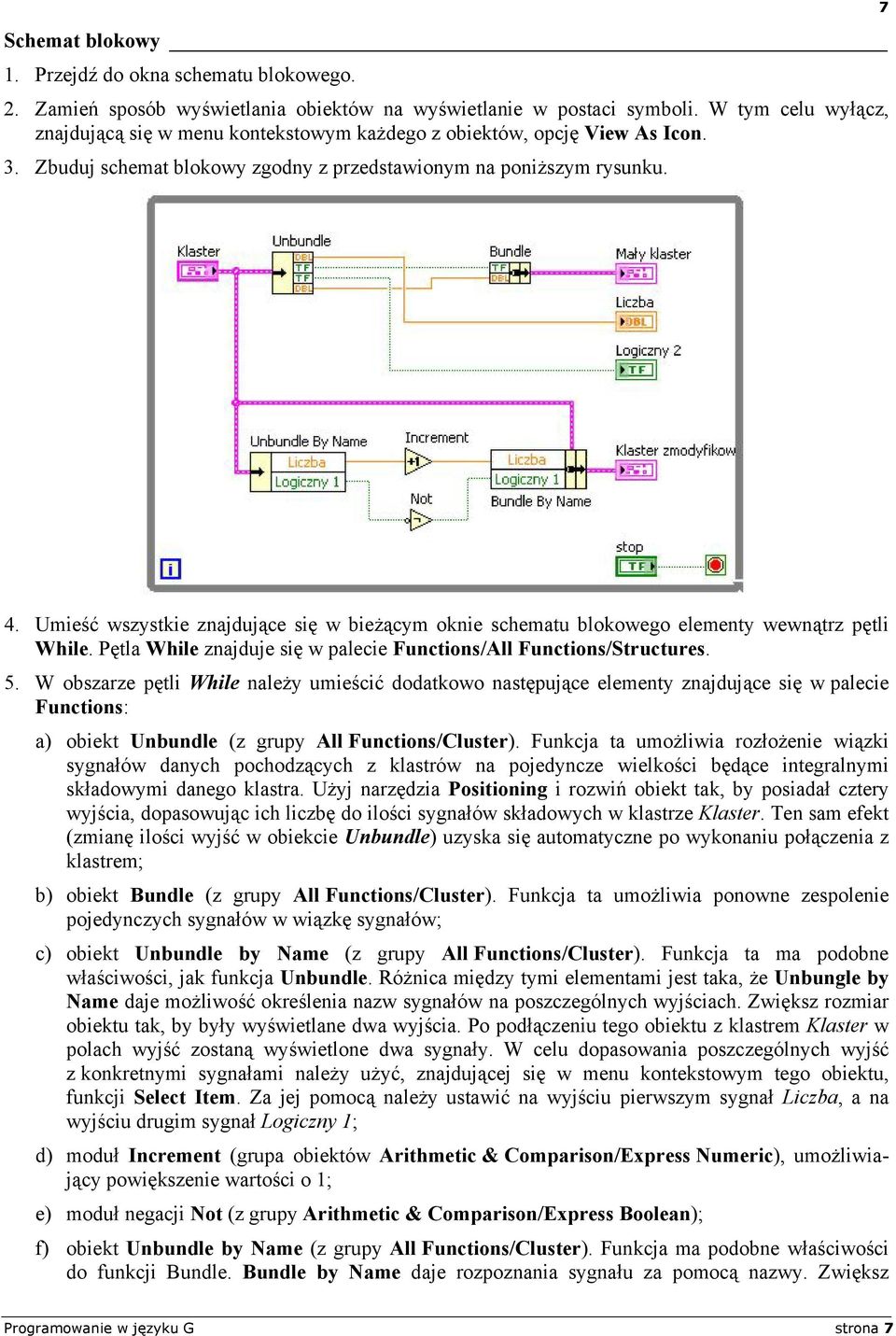 Umieść wszystkie znajdujące się w bieżącym oknie schematu blokowego elementy wewnątrz pętli While. Pętla While znajduje się w palecie Functions/All Functions/Structures. 5.