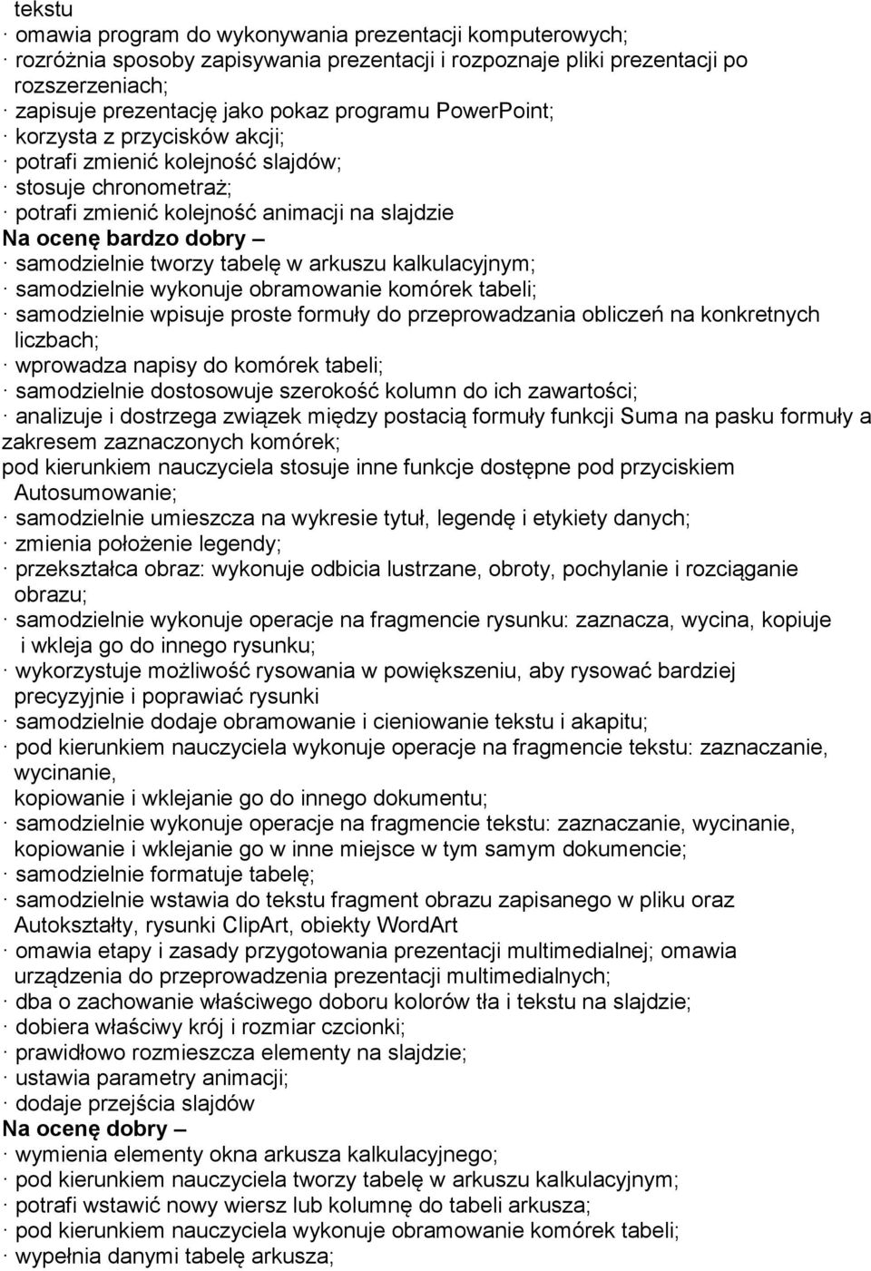 arkuszu kalkulacyjnym; samodzielnie wykonuje obramowanie komórek tabeli; samodzielnie wpisuje proste formuły do przeprowadzania obliczeń na konkretnych liczbach; wprowadza napisy do komórek tabeli;