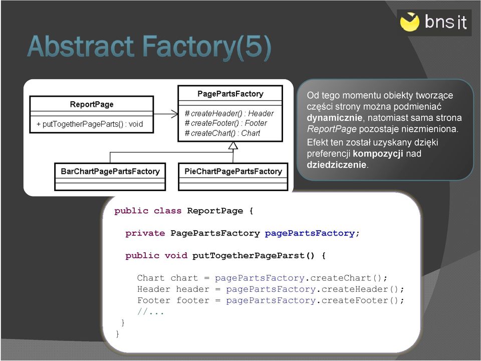 public class ReportPage { private PagePartsFactory pagepartsfactory; public void puttogetherpageparst() { Chart