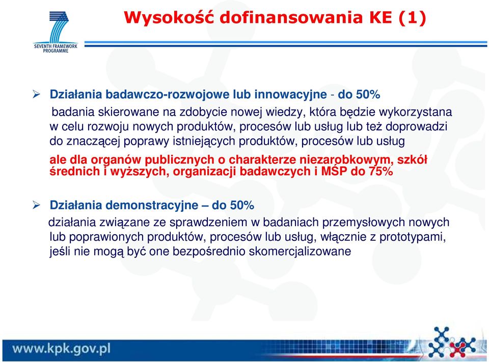 publicznych o charakterze niezarobkowym, szkół średnich i wyŝszych, organizacji badawczych i MŚP do 75% Działania demonstracyjne do 50% działania związane ze