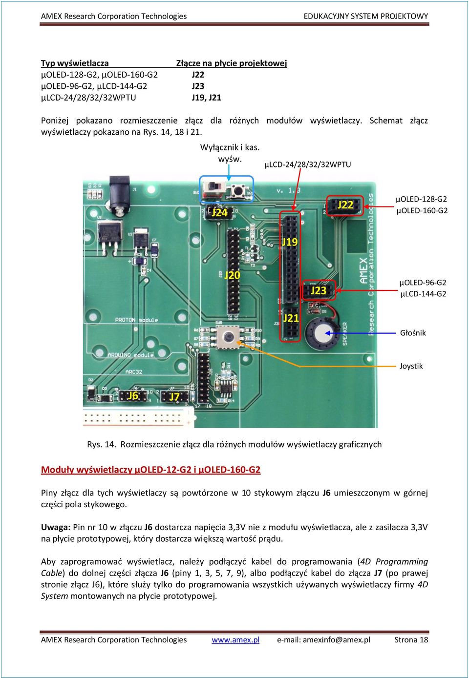 14. Rozmieszczenie złącz dla różnych modułów wyświetlaczy graficznych Moduły wyświetlaczy µoled-12-g2 i µoled-160-g2 Piny złącz dla tych wyświetlaczy są powtórzone w 10 stykowym złączu J6