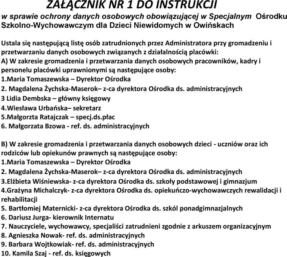 i personelu placówki uprawnionymi są następujące osoby: 1.Maria Tomaszewska Dyrektor Ośrodka 2. Magdalena Żychska-Maserok z-ca dyrektora Ośrodka ds.