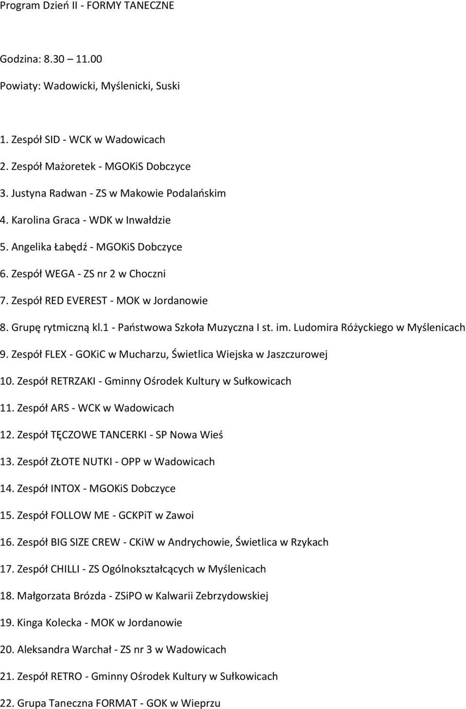 Grupę rytmiczną kl.1 - Paostwowa Szkoła Muzyczna I st. im. Ludomira Różyckiego w Myślenicach 9. Zespół FLEX - GOKiC w Mucharzu, Świetlica Wiejska w Jaszczurowej 10.
