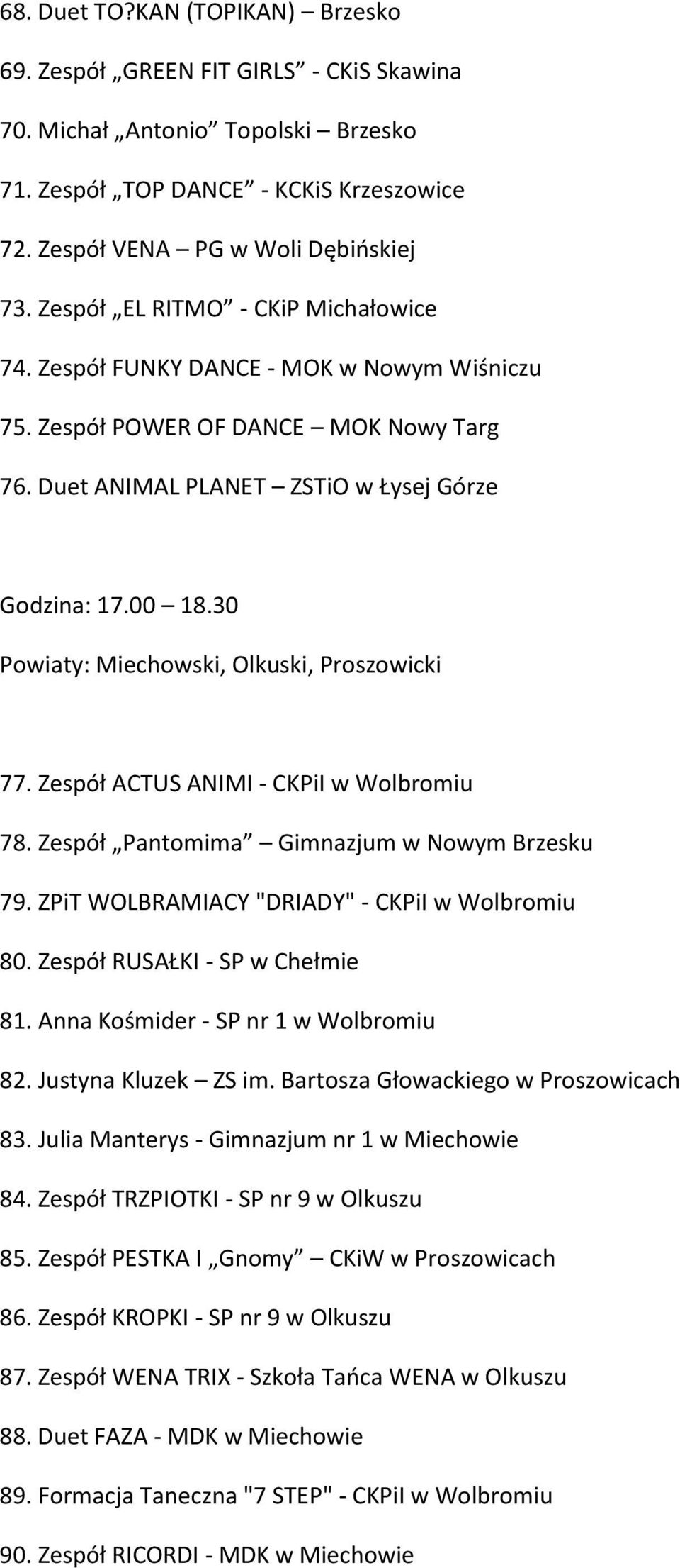 30 Powiaty: Miechowski, Olkuski, Proszowicki 77. Zespół ACTUS ANIMI - CKPiI w Wolbromiu 78. Zespół Pantomima Gimnazjum w Nowym Brzesku 79. ZPiT WOLBRAMIACY "DRIADY" - CKPiI w Wolbromiu 80.