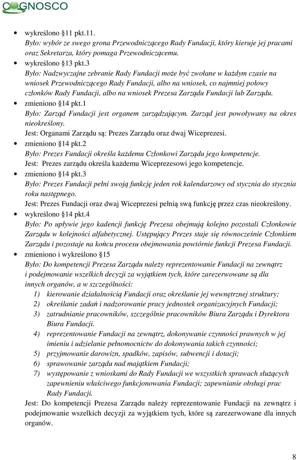 Prezesa Zarządu Fundacji lub Zarządu. zmieniono 14 pkt.1 Było: Zarząd Fundacji jest organem zarządzającym. Zarząd jest powoływany na okres nieokreślony.