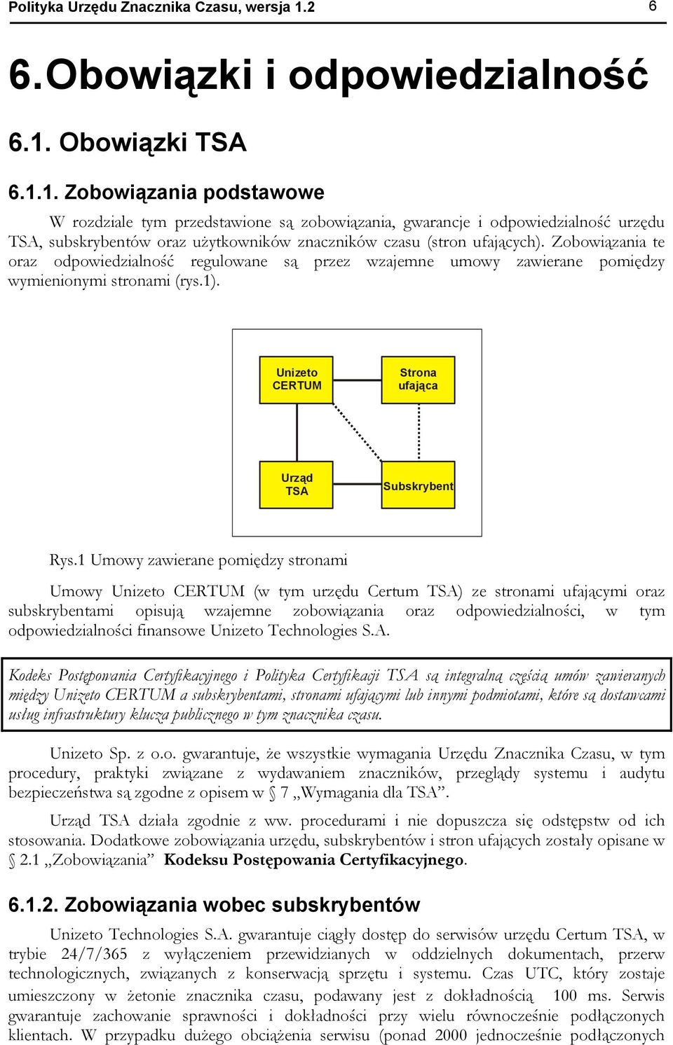 Obowiązki TSA 6.1.1. Zobowiązania podstawowe W rozdziale tym przedstawione są zobowiązania, gwarancje i odpowiedzialność urzędu TSA, subskrybentów oraz użytkowników znaczników czasu (stron ufających).