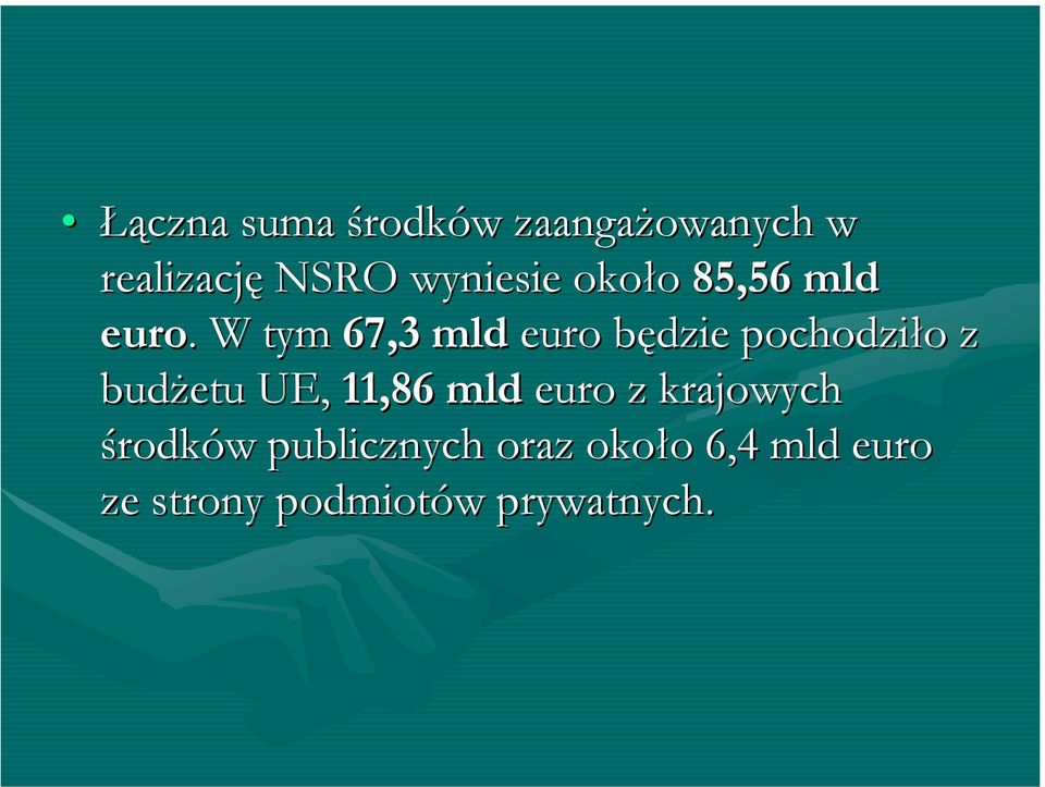 . W tym 67,3 mld euro będzie pochodziło z budżetu UE, 11,86