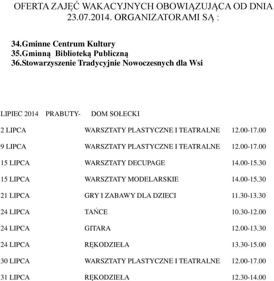 00 9 LIPCA WARSZTATY PLASTYCZNE I TEATRALNE 12.00-17.00 15 LIPCA WARSZTATY DECUPAGE 14.00-15.30 15 LIPCA WARSZTATY MODELARSKIE 14.00-15.30 21 LIPCA GRY I ZABAWY DLA DZIECI 11.