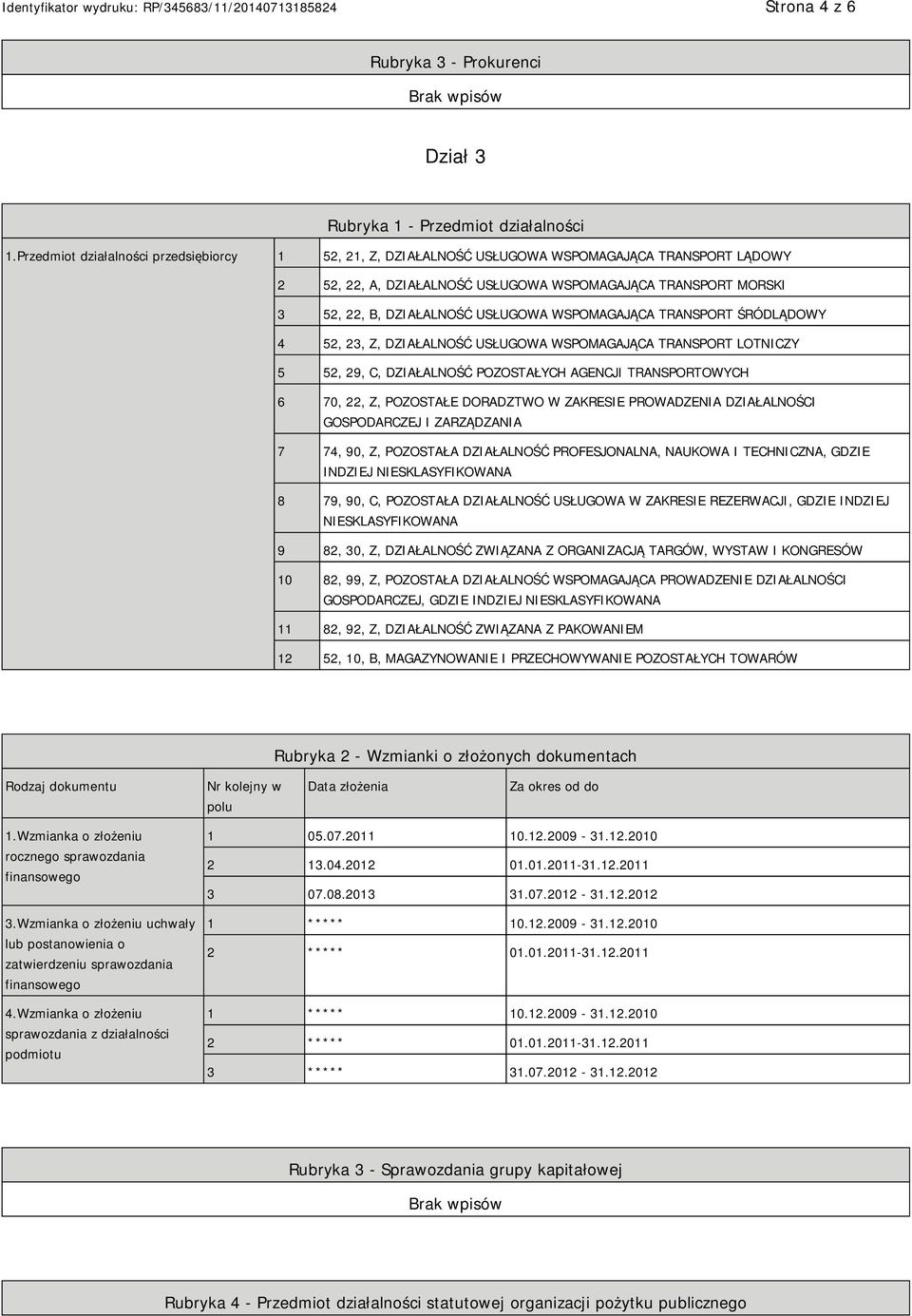 WSPOMAGAJĄCA TRANSPORT ŚRÓDLĄDOWY 4 52, 23, Z, DZIAŁALNOŚĆ USŁUGOWA WSPOMAGAJĄCA TRANSPORT LOTNICZY 5 52, 29, C, DZIAŁALNOŚĆ POZOSTAŁYCH AGENCJI TRANSPORTOWYCH 6 70, 22, Z, POZOSTAŁE DORADZTWO W