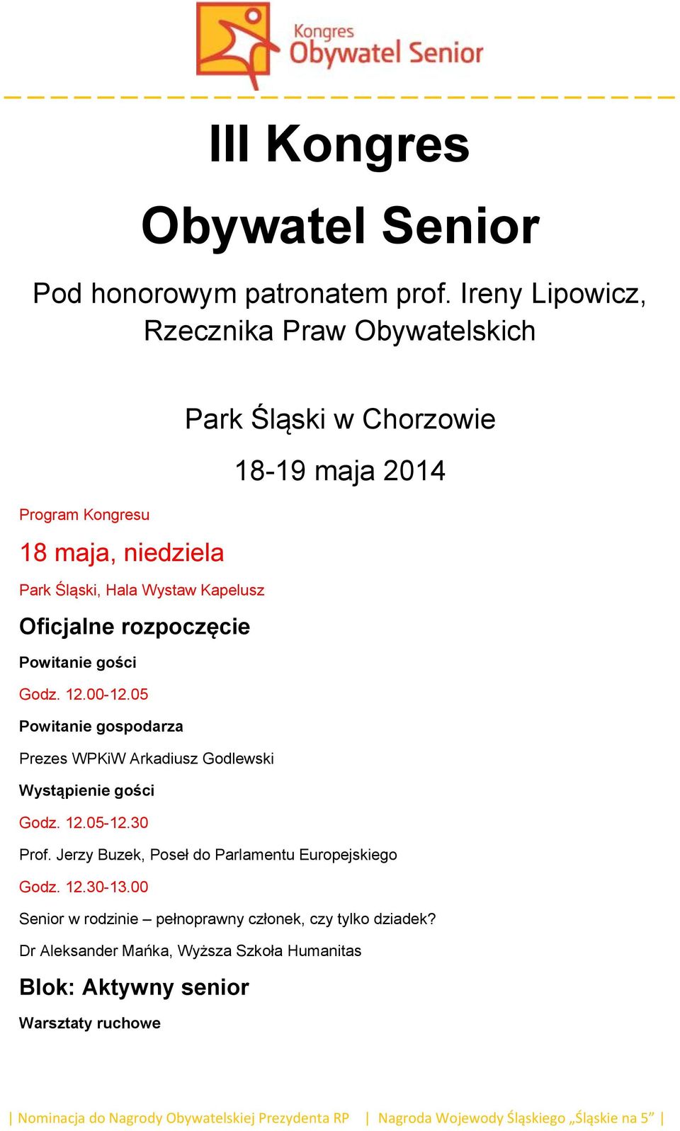 Śląski w Chorzowie 18-19 maja 2014 Powitanie gości Godz. 12.00-12.