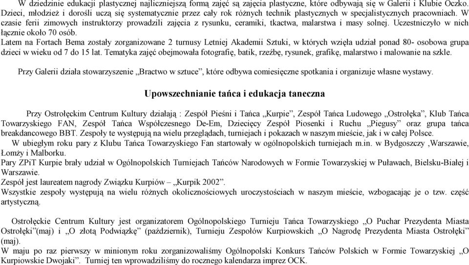 W czasie ferii zimowych instruktorzy prowadzili zajęcia z rysunku, ceramiki, tkactwa, malarstwa i masy solnej. Uczestniczyło w nich łącznie około 70 osób.