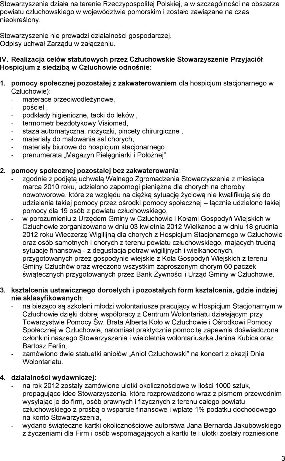 Realizacja celów statutowych przez Człuchowskie Stowarzyszenie Przyjaciół Hospicjum z siedzibą w Człuchowie odnośnie: 1.