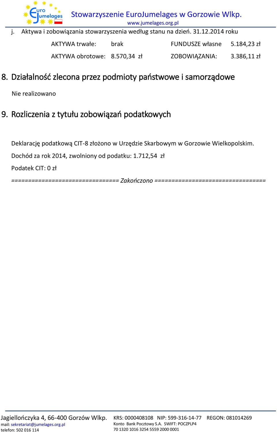 Działalność zlecona przez podmioty państwowe i samorządowe Nie realizowano 9.