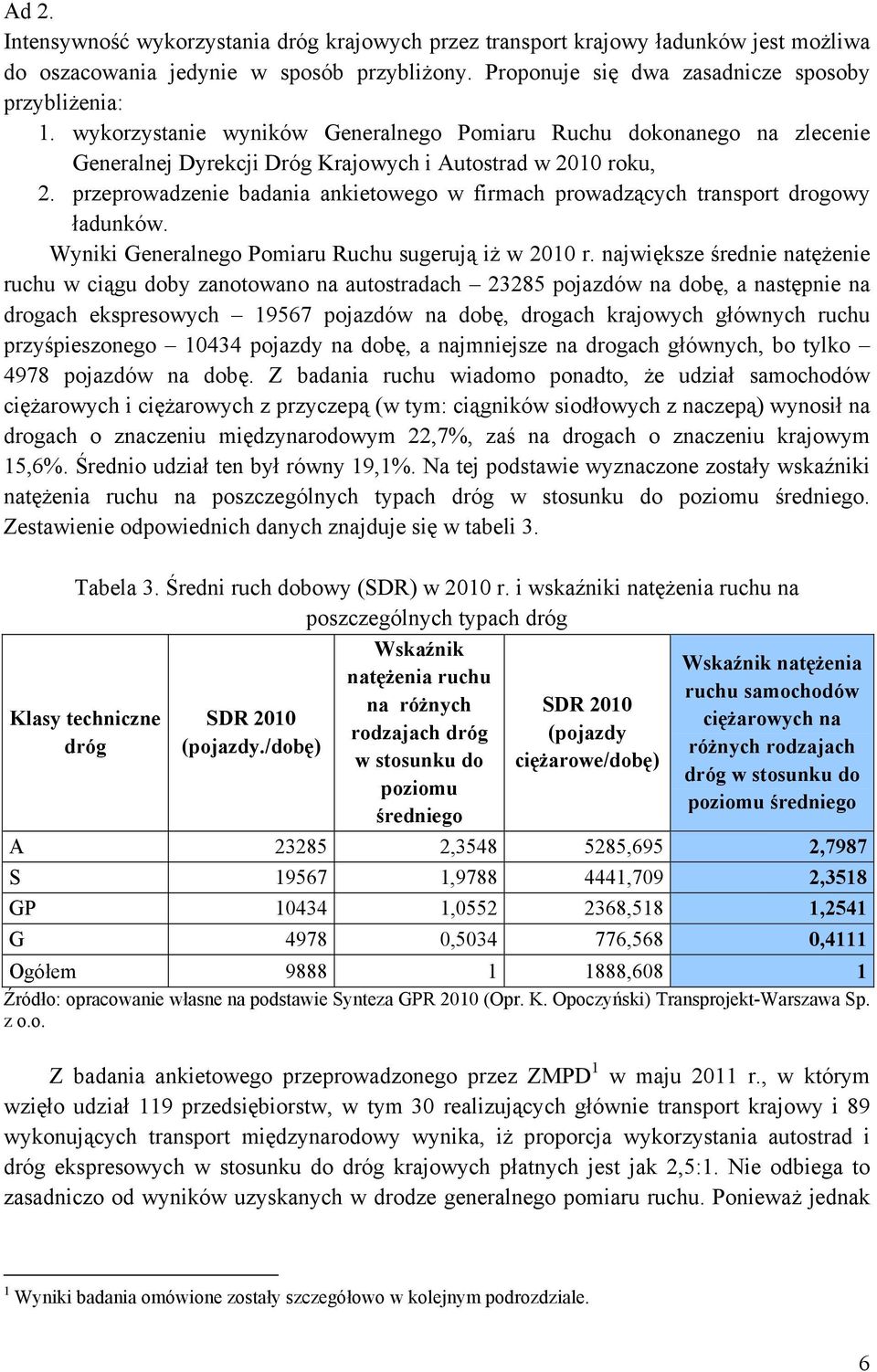 przeprowadzenie badania ankietowego w firmach prowadzących transport drogowy ładunków. Wyniki Generalnego Pomiaru Ruchu sugerują iż w 2010 r.