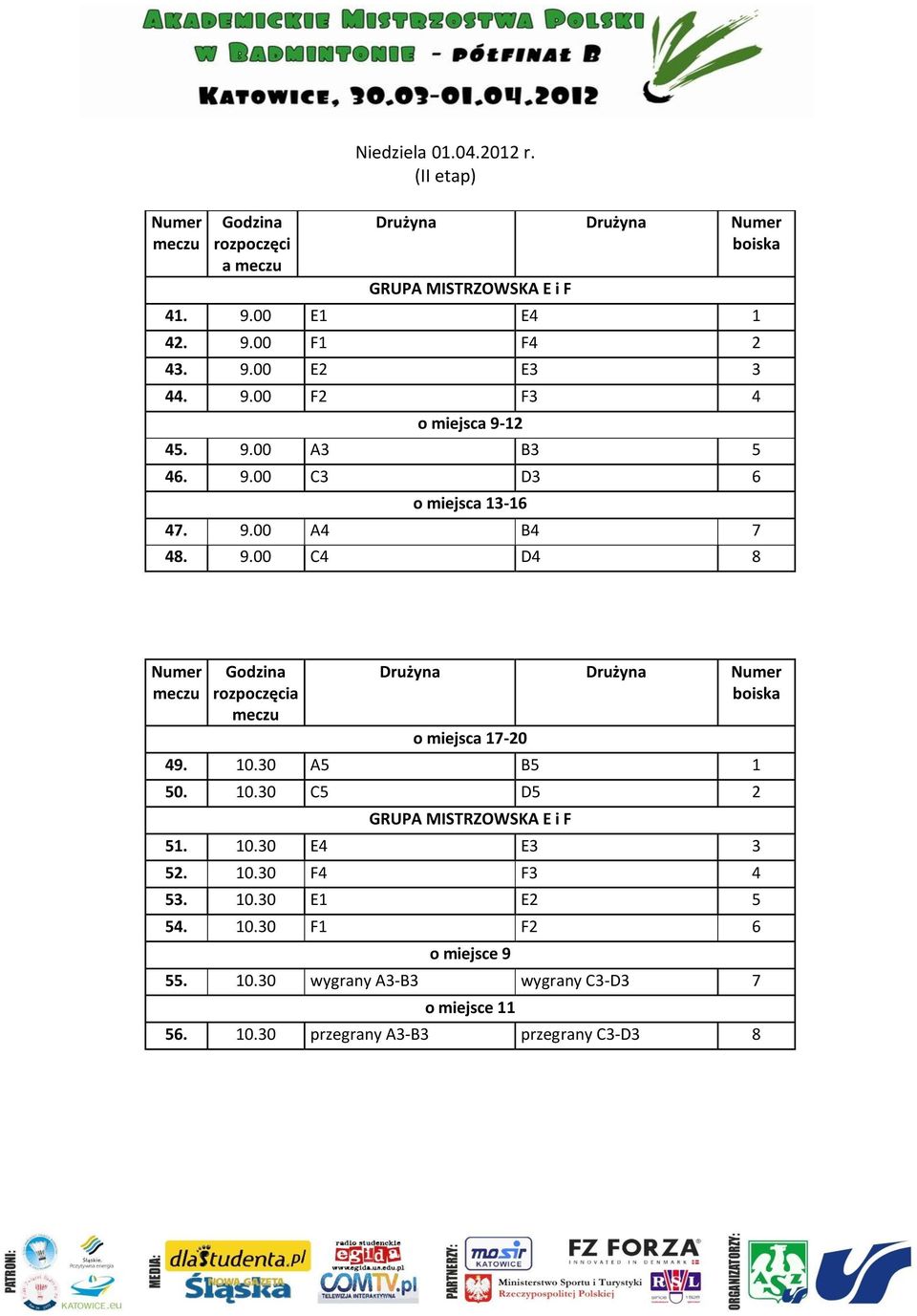 10.30 A5 B5 1 50. 10.30 C5 D5 2 GRUPA MISTRZOWSKA E i F 51. 10.30 E4 E3 3 52. 10.30 F4 F3 4 53. 10.30 E1 E2 5 54. 10.30 F1 F2 6 o miejsce 9 55.