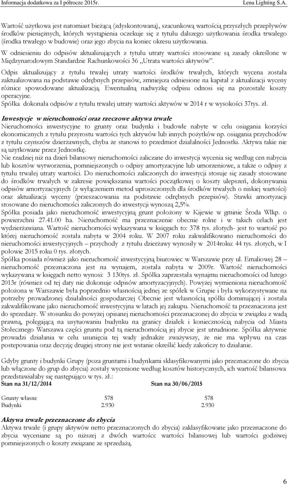 W odniesieniu do odpisów aktualizujących z tytułu utraty wartości stosowane są zasady określone w Międzynarodowym Standardzie Rachunkowości 36 Utrata wartości aktywów.