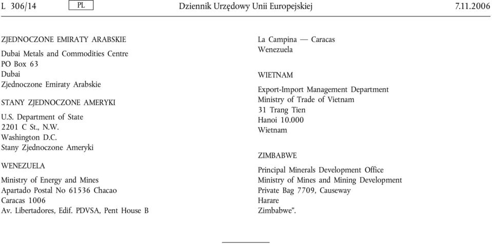 , N.W. Washington D.C. Stany Zjednoczone Ameryki WENEZUELA Ministry of Energy and Mines Apartado Postal No 61536 Chacao Caracas 1006 Av. Libertadores, Edif.