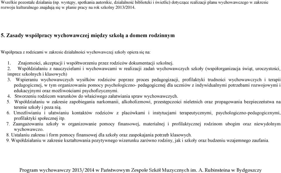 Zasady współpracy wychowawczej między szkołą a domem rodzinnym Współpraca z rodzicami w zakresie działalności wychowawczej szkoły opiera się na: 1.