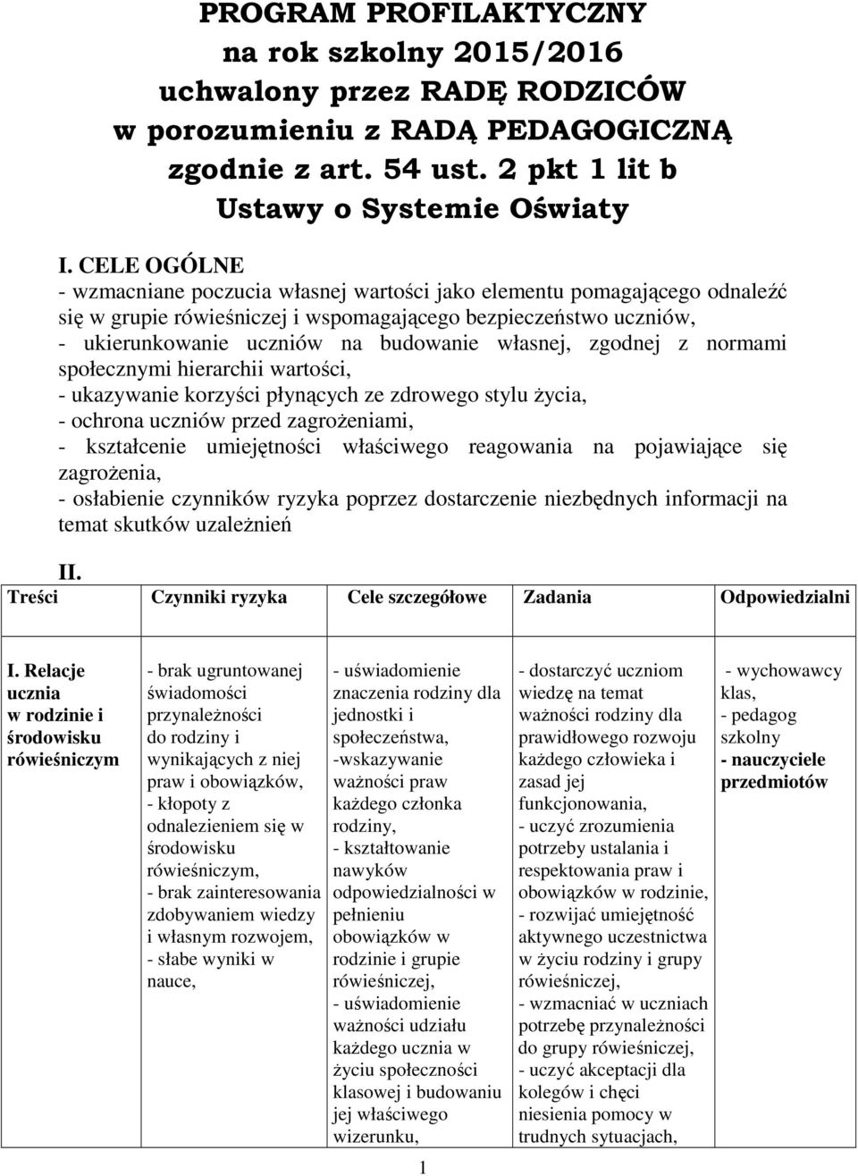 własnej, zgodnej z normami społecznymi hierarchii wartości, - ukazywanie korzyści płynących ze zdrowego stylu życia, - ochrona uczniów przed zagrożeniami, - kształcenie umiejętności właściwego