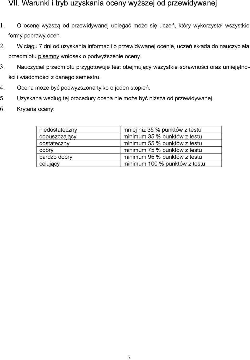 Nauczyciel przedmiotu przygotowuje test obejmujący wszystkie sprawności oraz umiejętności i wiadomości z danego semestru. 4. Ocena może być podwyższona tylko o jeden stopień. 5.