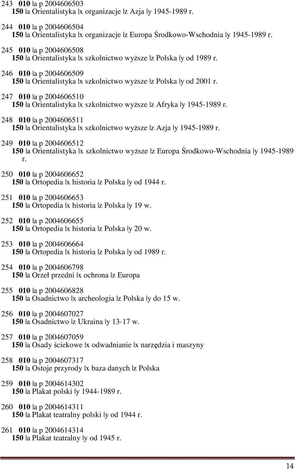 247 010 a p 2004606510 150 a Orientalistyka x szkolnictwo wyższe z Afryka y 1945-1989 r. 248 010 a p 2004606511 150 a Orientalistyka x szkolnictwo wyższe z Azja y 1945-1989 r.